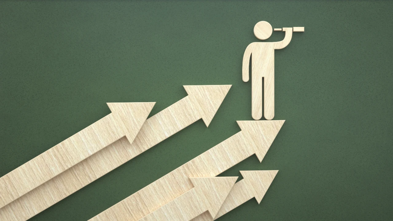 A minimalist graphic of a person with a telescope standing on wooden arrows, symbolizing progress and forward-thinking