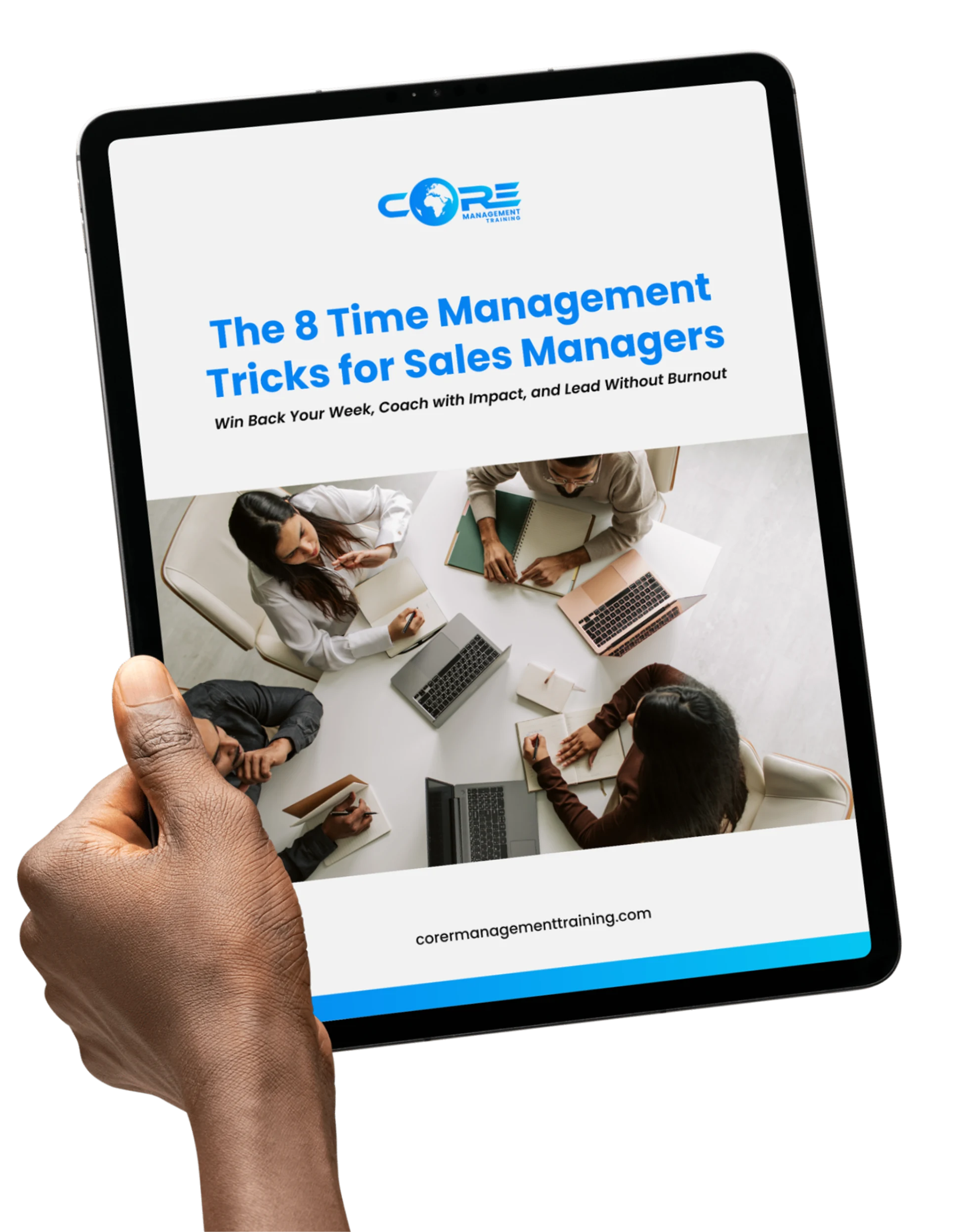 An image of a human hand holding a tablet showing CMT's "The Eight Time Management Tricks for Sales Managers"