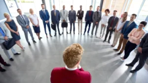 A person in a red jacket stands facing a group of people in business attire arranged in a semicircle in a spacious, well-lit room.